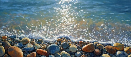 Colorful pebbles glistening by the shore with sparkling water waves lapping against them in a tranquil beach setting