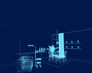 A set of furniture and decor wireframe to create a living room interior with a workplace. 3D