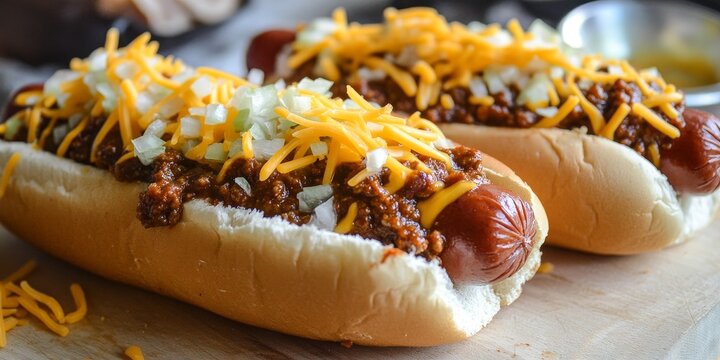 Delicious homemade hot chili dog topped with rich cheddar cheese and fresh onions. Enjoy the taste of a homemade hot chili dog that combines flavors of cheddar cheese and onions perfectly.