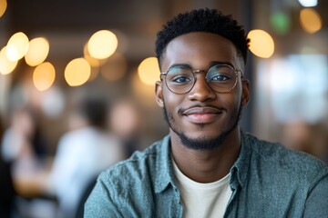 Young man smiling warmly while seated in a lively cafe during daytime, surrounded by a cozy ambiance