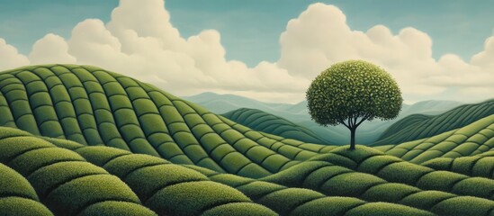 Lush green tea plantations with a solitary tree under a serene sky showcasing rolling hills and a picturesque landscape