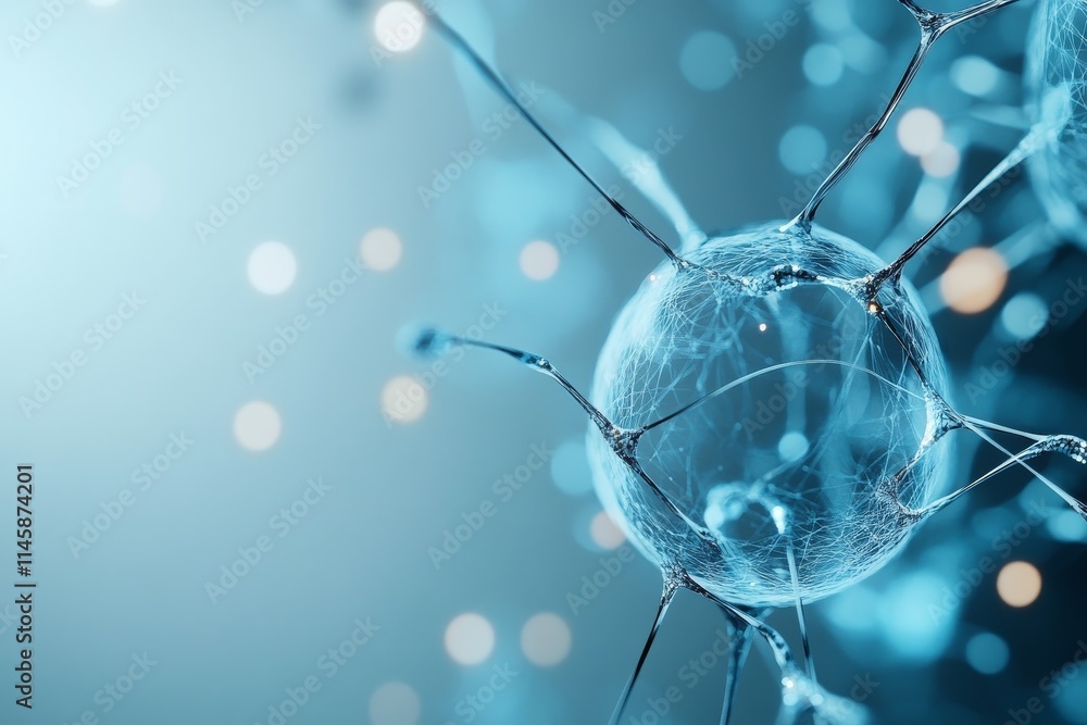Poster scientific visualization of a neuron highlighting intricate structure and connections in a lab setti