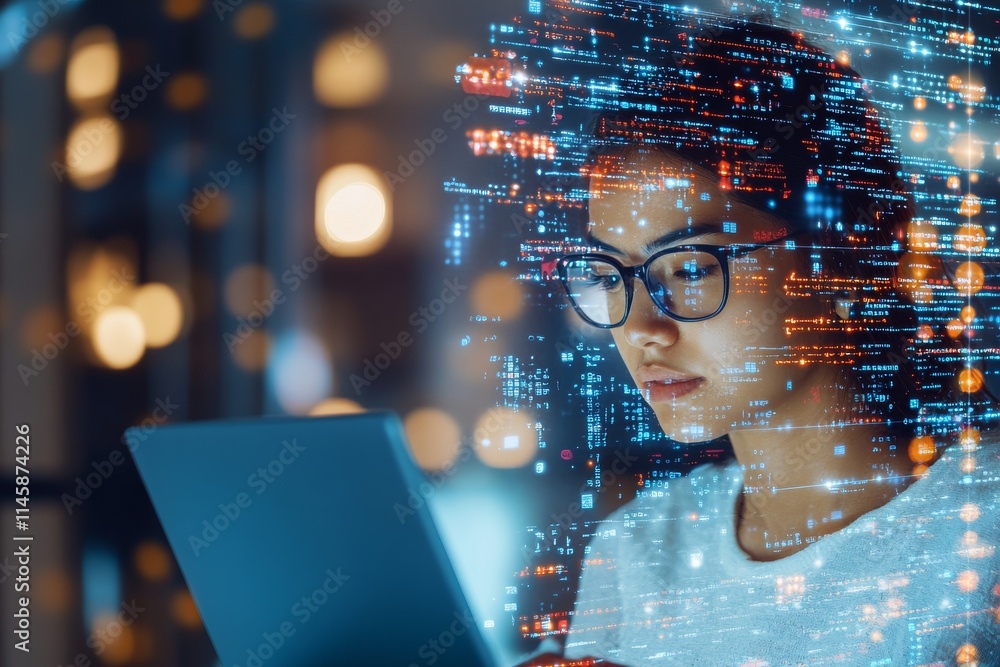 Poster focused individual using a laptop in a modern, illuminated environment with digital data overlays