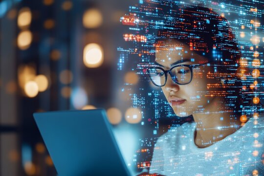 Focused individual using a laptop in a modern, illuminated environment with digital data overlays