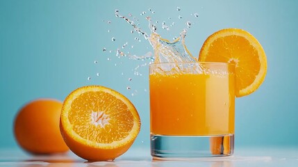 Orange juicy refreshment glass concept. Fresh orange juice splashes in a glass, surrounded by whole oranges against a vibrant blue background.