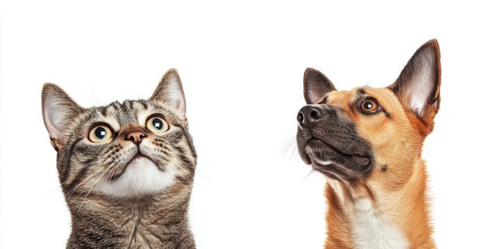 Determined Cat and Dog Gazing Upward with Ambition - Front Perspective. Nothing Can Stand in Their Way or Hinder Their Resolve.