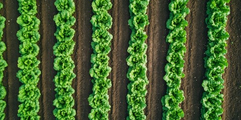 Aerial view showcasing freshly planted lettuce seedlings in vibrant green rows, highlighting the growth and cultivation of healthy, fresh lettuce seedlings for sustainable farming practices.