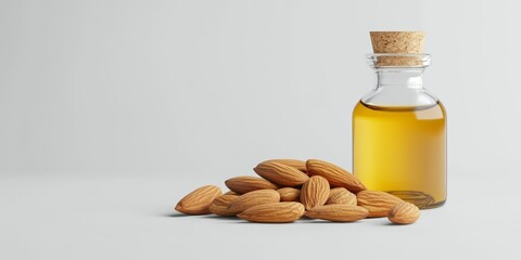 Almond oil in a bottle, beautifully isolated on a white background, showcasing the purity and quality of almond oil. This almond oil bottle stands out with its elegant presentation.