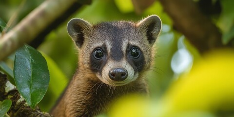 Obraz premium Wild coati observed closely, showcasing its curious nature as it looks at the camera, capturing the essence of this fascinating wild animal in a captivating moment.