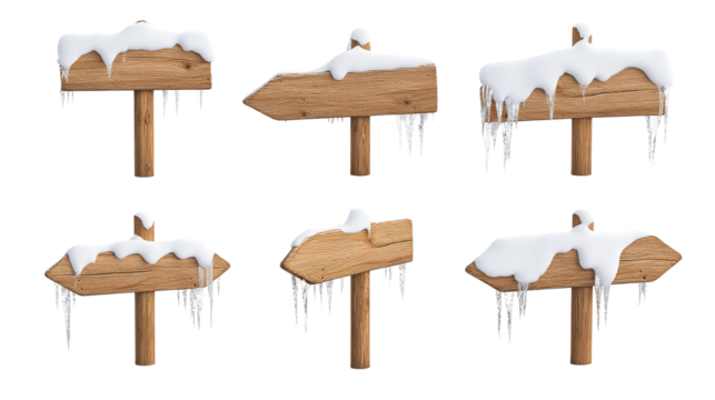 Winter directional sign posts in snowy landscape with transparency background for visual clarity