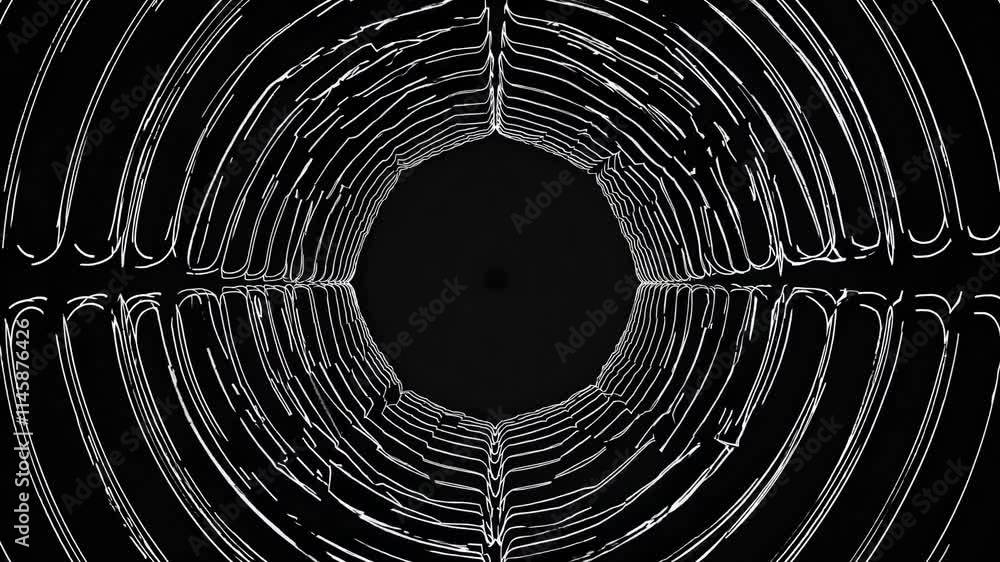 Poster abstract black and white circular design with concentric lines and patterns.
