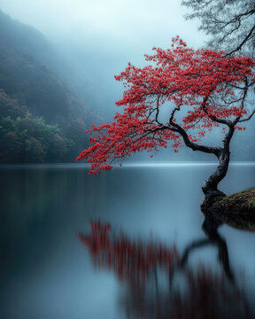 misty morning in the forest with a river