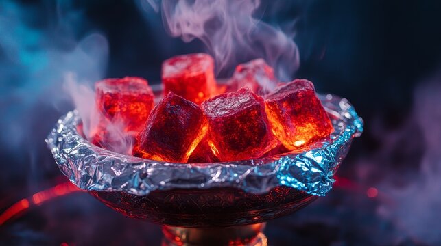 Close up of hot red coals placed on a foil covered hookah bowl against a dark background, showcasing the vibrant color of hot red coals and their role in enhancing the hookah experience.