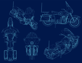 Motorcycles wireframe vector set. Sport bikes choppers road two wheel motor fast vehicle illustration isolated on blue background