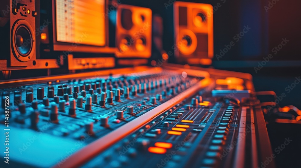 Poster audio mixing console and monitors in a dark recording studio.