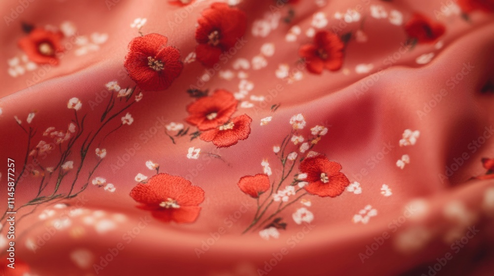 Poster soft red silk fabric features intricate pink floral patterns, adding a touch of elegance and charm t