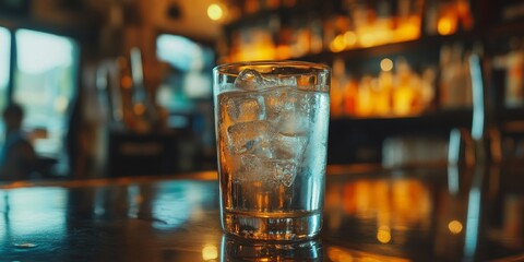 A glass filled with a refreshing cold beverage sits at the bar. The glass is specially prepared, showcasing a chilled drink ready to be enjoyed at the bar.
