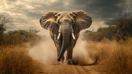 Obraz premium Majestic elephant with impressive tusks approaching the camera on a dusty road, showcasing the grandeur of wildlife and the beauty of nature s remarkable elephant presence.