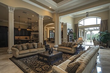 Elegant Living Room With Columns And Large Windows
