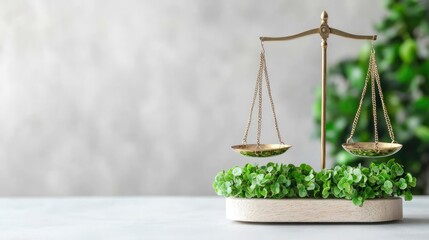 A balanced scale with eco-projects on one side, ethical lending on the other, 3D illustration