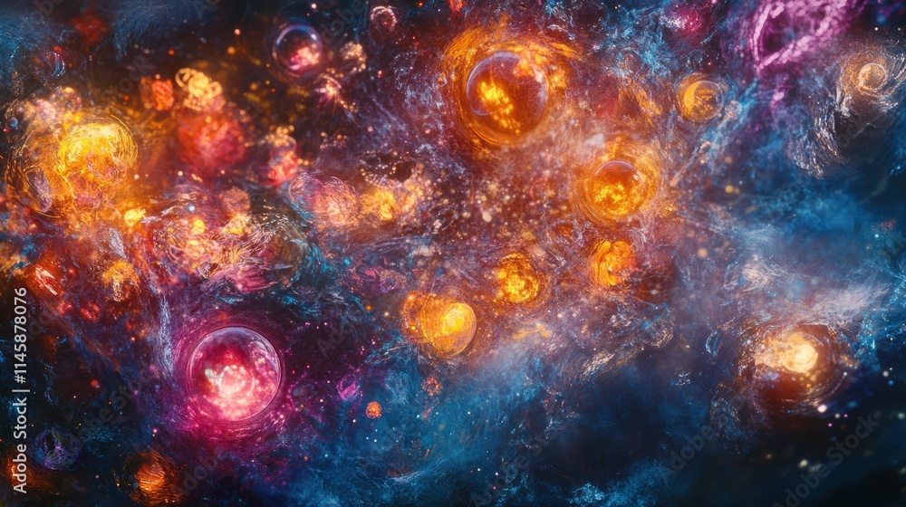 Poster space with colorful cosmic explosions and nebulae.