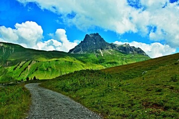 Fototapeta premium Austrian Alps - view of the Widderstein mountain near the town of Warth in the Lechtal Alps