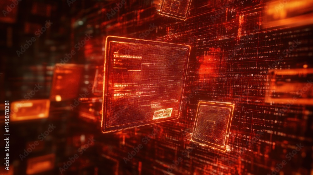 Poster floating data panels with orange glow.