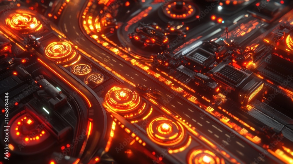 Poster illuminated futuristic city with geometric structures and fiery glows.