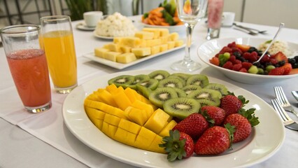 summer fruit plates for picnic, table setting with a variety of fruits, for advertising, poster, banner, calendar