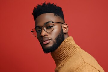 Fototapeta premium Stylish man poses confidently against a vibrant red background showcasing modern fashion and personal expression