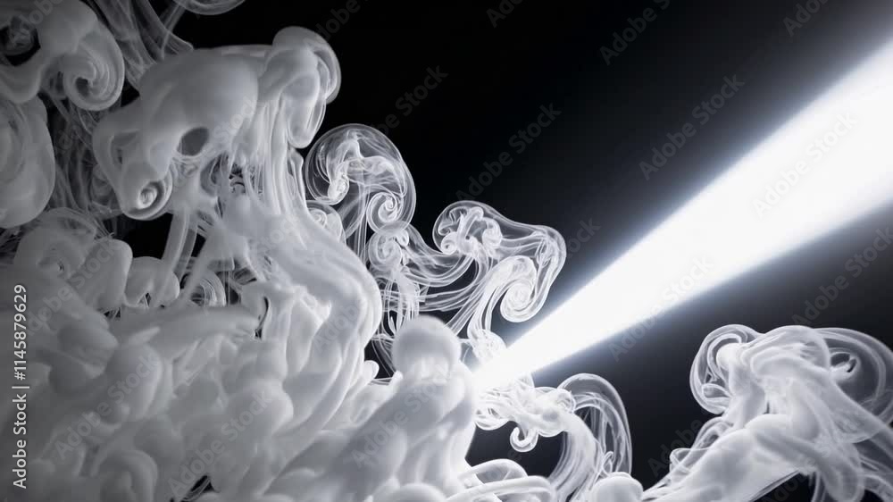 Poster abstract light beam cutting through swirling smoke, creating dynamic visual effects.