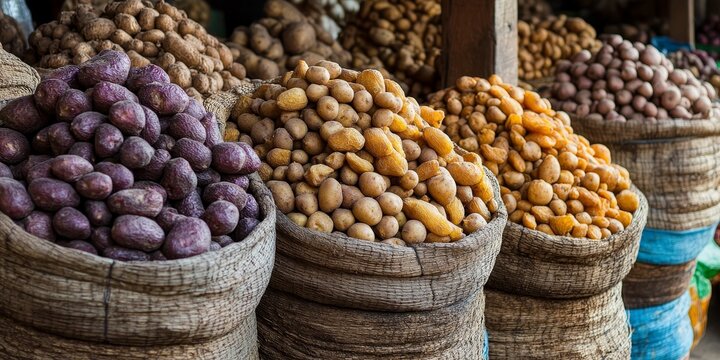 Dried potatoes, also known as chuno, showcased at a vibrant market. Discover the unique appeal of dried potatoes and immerse yourself in the rich variety of chuno available.