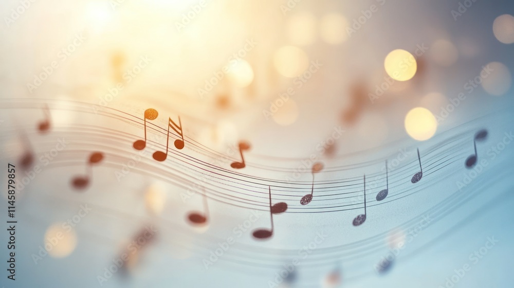 Aufkleber music notes on lines with bokeh lights background.