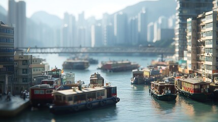 Naklejka premium Miniature cityscape with harbor boats and buildings at sunrise.