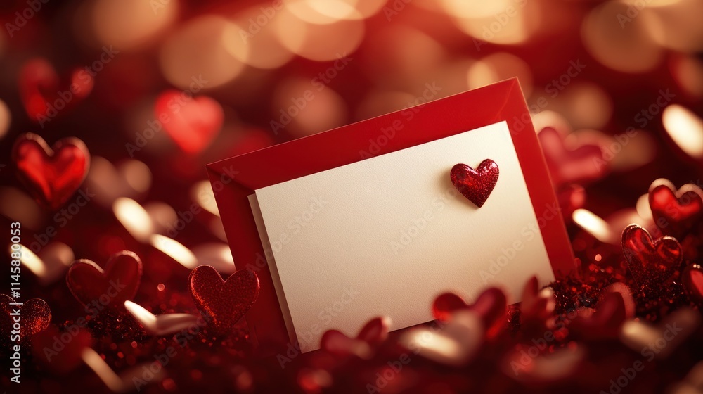 Aufkleber red card with heart on sparkly bokeh background.