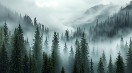 Obraz premium A misty forest landscape with towering trees and mountains shrouded in fog.