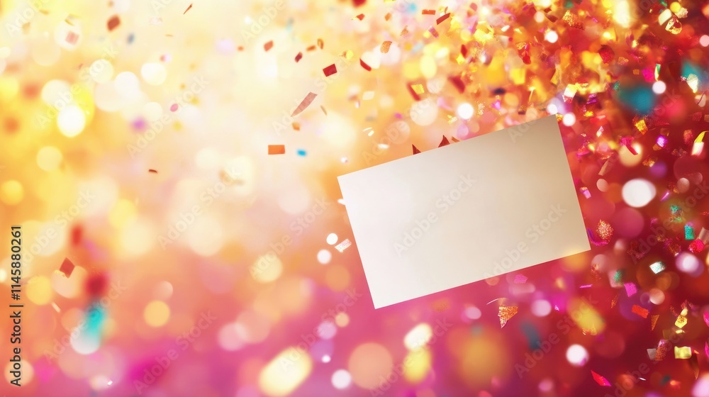 Fototapete blank card floating in colorful bokeh confetti explosion.