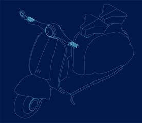 Vintage two wheeler scooter contour isolated vector illustration. Isometric view