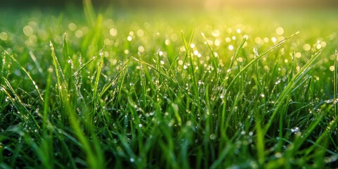 Fototapeta premium Fresh wet grass glistens in the sun rays, showcasing the beauty of nature. The closeup of fresh wet grass highlights its vibrant colors and refreshing appearance under warm sunlight.