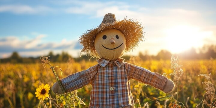Scarecrow Maia standing in a field promoting sustainable farming methods and eco friendly agricultural practices, emphasizing the importance of organic farming.