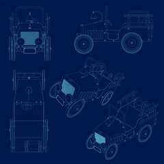 Set of Vintage Retro Car. Vector outline isolated on blue.