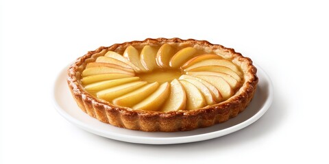 A delicious apple tart presented on a plate, showcased against a clean white background. This apple tart highlights its fresh ingredients, making it an enticing treat perfect for dessert lovers.