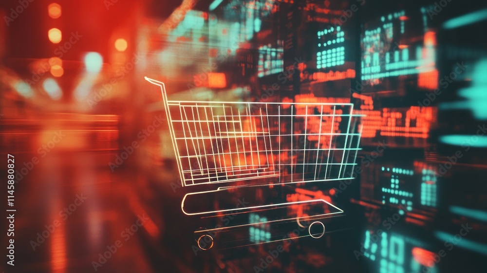Poster Shopping cart outline with data grid overlay in a store.