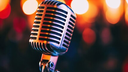 A close-up of a glossy studio microphone shines against blue bokeh lights, enhancing the recording...