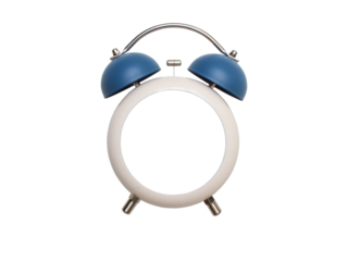 A minimalist alarm clock with a white circular body and blue twin bells, set against a plain white background.