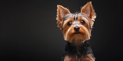 Fototapeta premium Young Yorkshire Terrier in a studio setting captured beautifully. This young Yorkshire Terrier showcases playful energy and charm in a striking studio shot, perfect for pet lovers and enthusiasts.