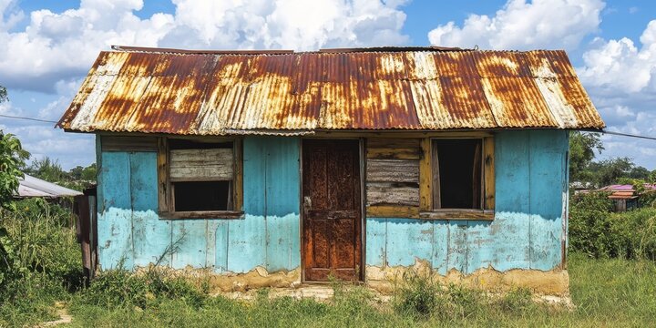 Dilapidated house featuring a metal roof, showcasing the characteristics of poor housing conditions often found in various regions. This poor house highlights the challenges faced by communities.