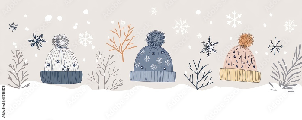 Poster winter hats with snowflakes, branch in snow.