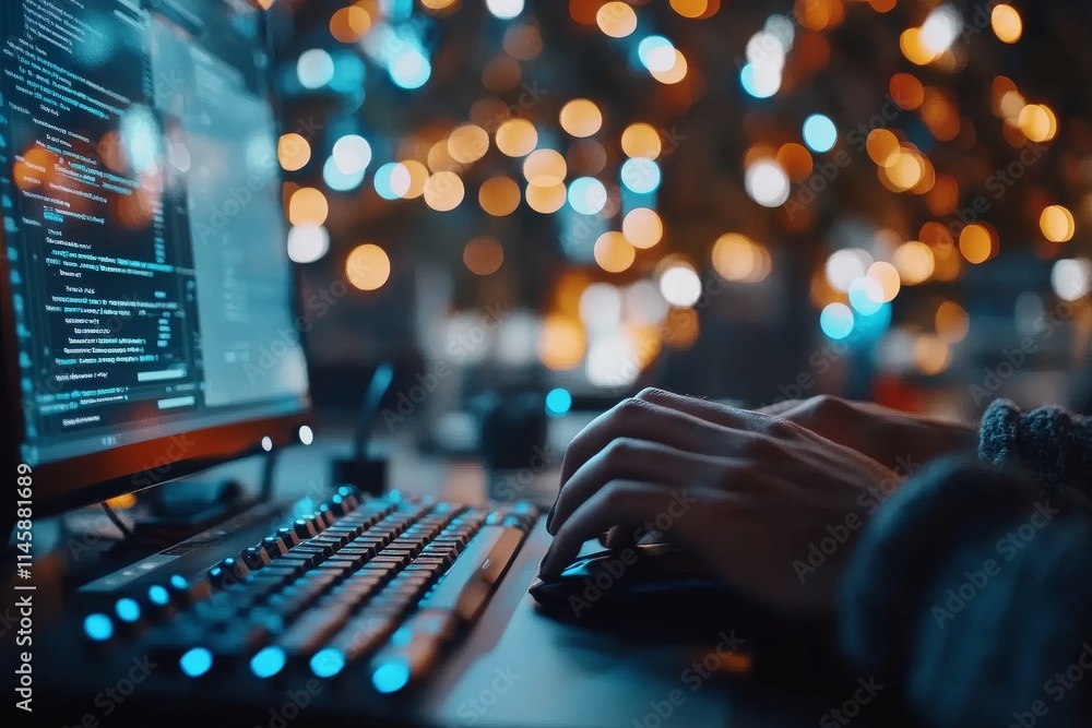 Poster programmer working on code at night with vibrant bokeh lights in the background