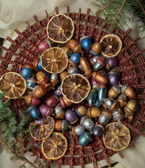 christmas decorations on a wooden background
